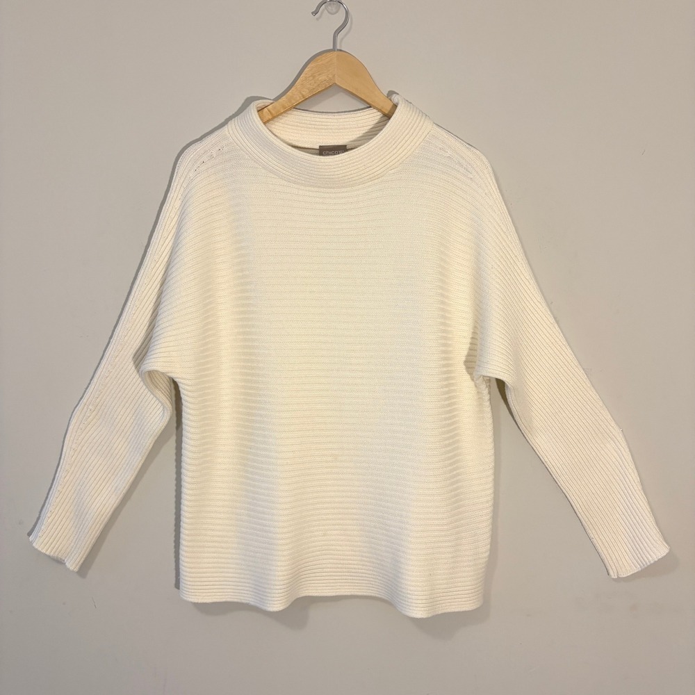 Chico's Ribbed Mock Neck Sweater Pullover Cream XL/16 Cashmere Blend Relaxed